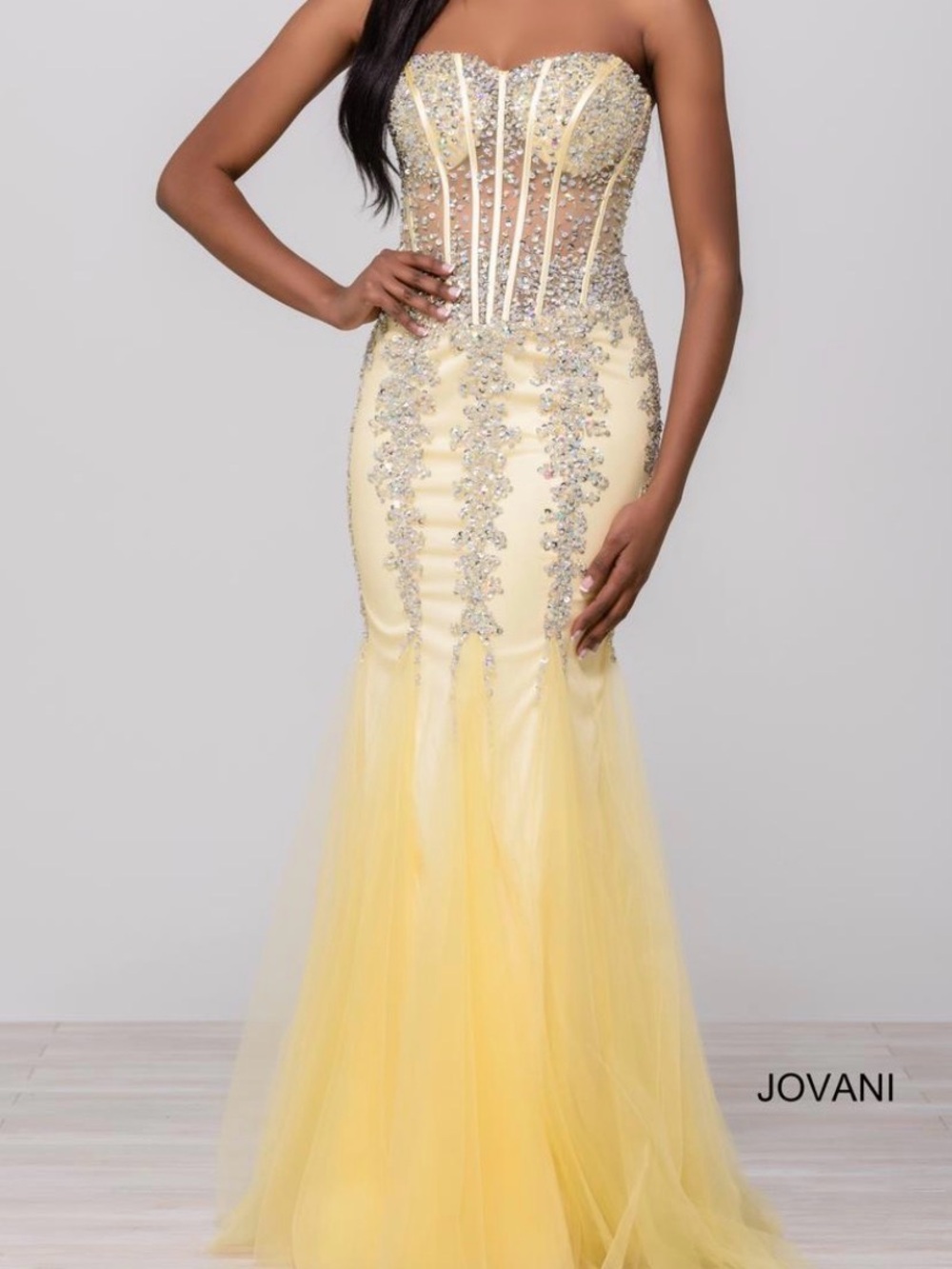 Stunning Jovani 5908 Yellow Beaded Gown with Silver Embellishments